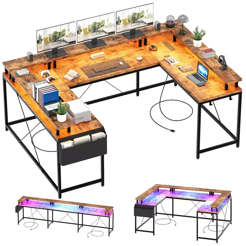 Large U-Shaped Corner Computer Desk with Power LED Lights Monitor Stand and Storage for Home Office & Executive Use