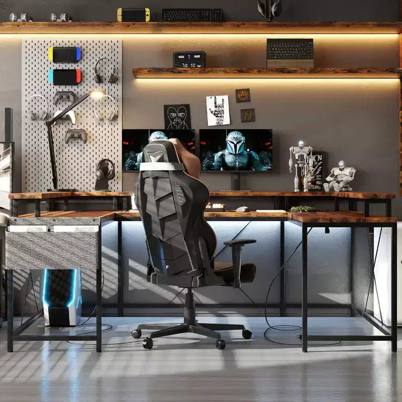 Grand bureau d'angle en U pour ordinateur avec lumières LED intégrées