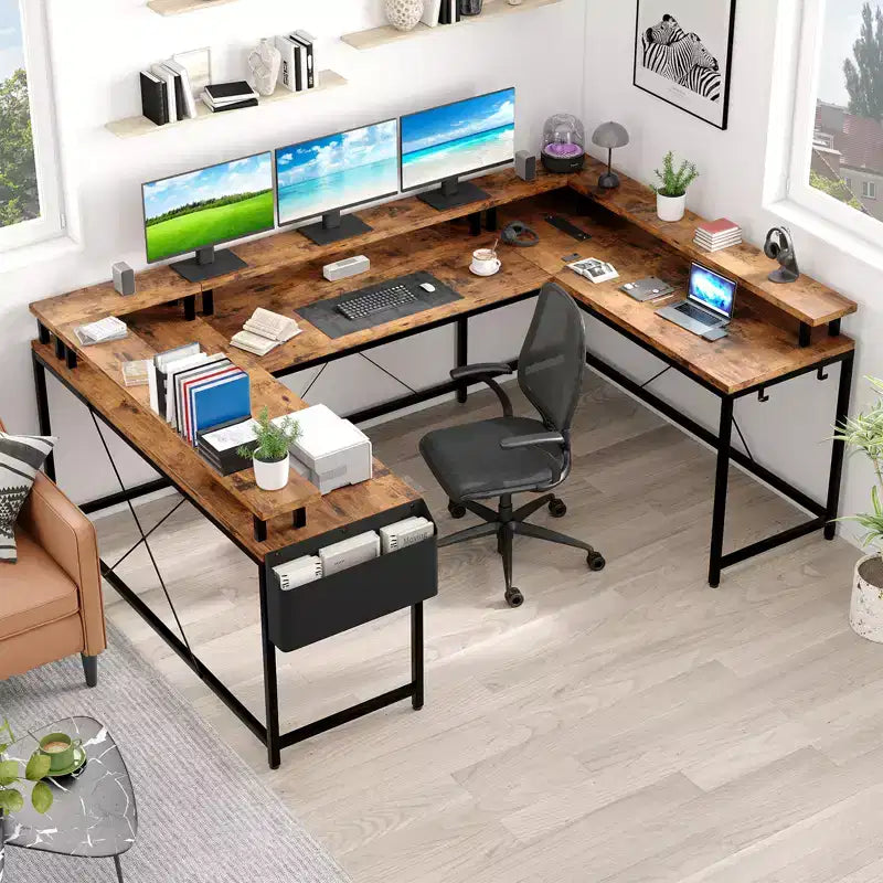 Grand bureau d'angle en U pour ordinateur avec lumières LED intégrées
