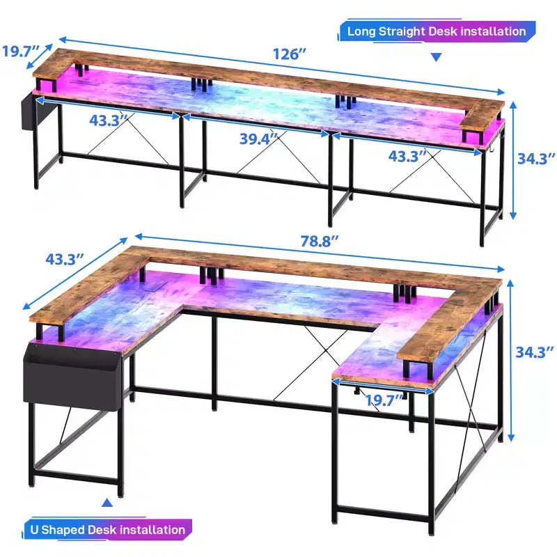 Grand bureau d'angle en U pour ordinateur avec lumières LED intégrées