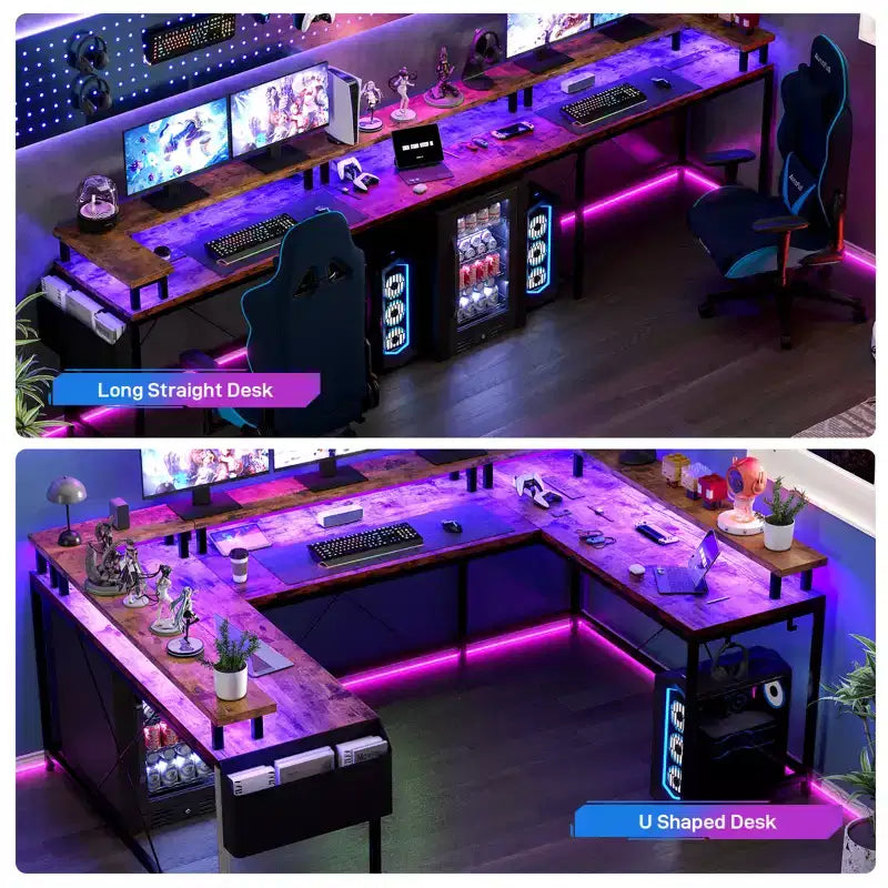 Grand bureau d'angle en U pour ordinateur avec lumières LED intégrées