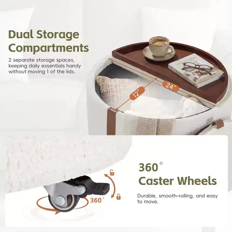 Pouf de rangement rond moderne, Pouf roulant, Pouf table basse