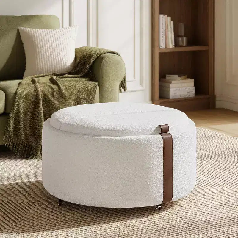 Whisen 29 Modern Round Storage Ottoman Rolling Ottoman Coffee Table Ottoman with Caster Wheels Dual Reversible Lids Solid Wood Frame
