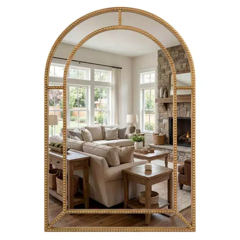 Costway 36 x 24 Gold Arched/Rectangle Wall Mirror with Beaded Frame for Living Room Entryway