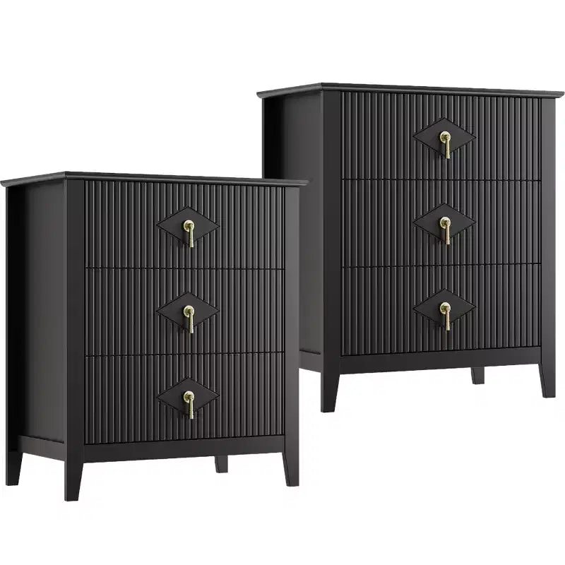 2 Pack Modern Fluted 3-Drawer Wood Dresser Bedside cabinet Set 27.5 Wide Storage Cabinet Metal Handles Anti-Tip Kit