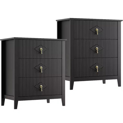 2 Pack Modern Fluted 3-Drawer Wood Dresser Bedside cabinet Set 27.5 Wide Storage Cabinet Metal Handles Anti-Tip Kit