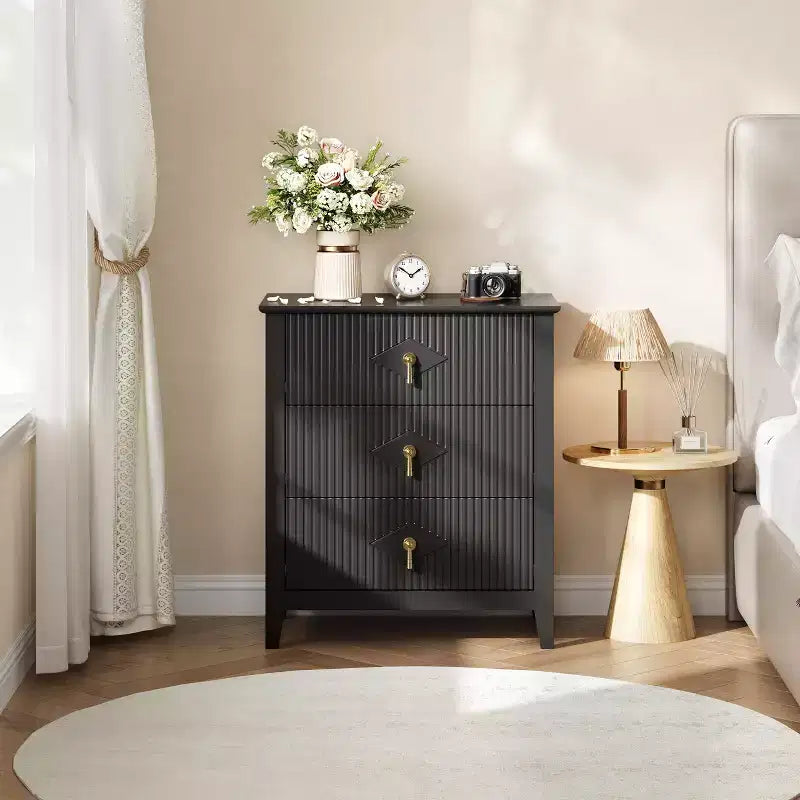 Commode en bois cannelée moderne à 3 tiroirs, lot de 2, meuble de chevet