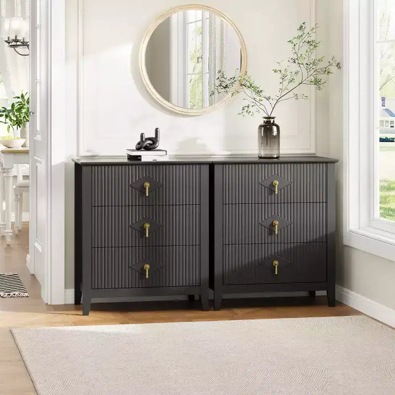 Commode en bois cannelée moderne à 3 tiroirs, lot de 2, meuble de chevet
