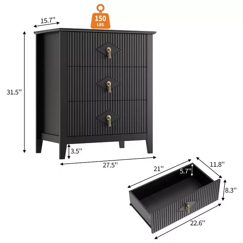 Commode en bois cannelée moderne à 3 tiroirs, lot de 2, meuble de chevet