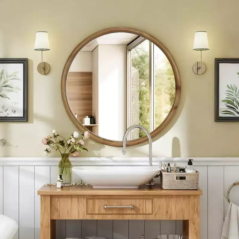 Miroir Décoratif Mural Rond Encadré de Bois Style Mid-Century Modern