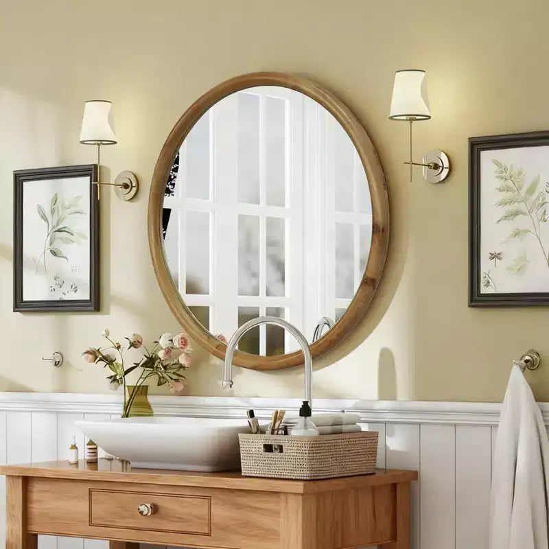 Miroir Décoratif Mural Rond Encadré de Bois Style Mid-Century Modern