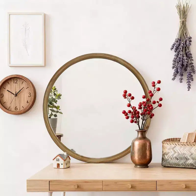 Miroir Décoratif Mural Rond Encadré de Bois Style Mid-Century Modern