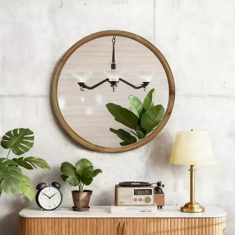 Miroir Décoratif Mural Rond Encadré de Bois Style Mid-Century Modern