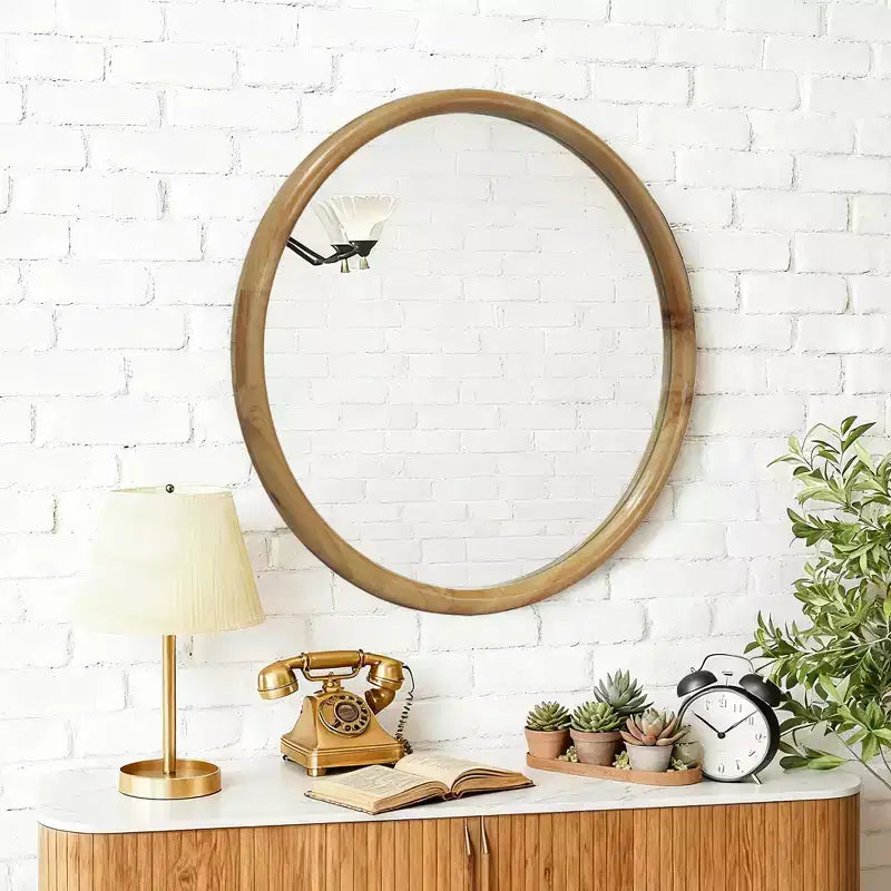 Miroir Décoratif Mural Rond Encadré de Bois Style Mid-Century Modern