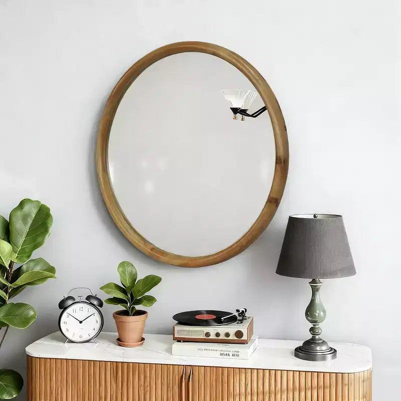 Miroir Décoratif Mural Rond Encadré de Bois Style Mid-Century Modern