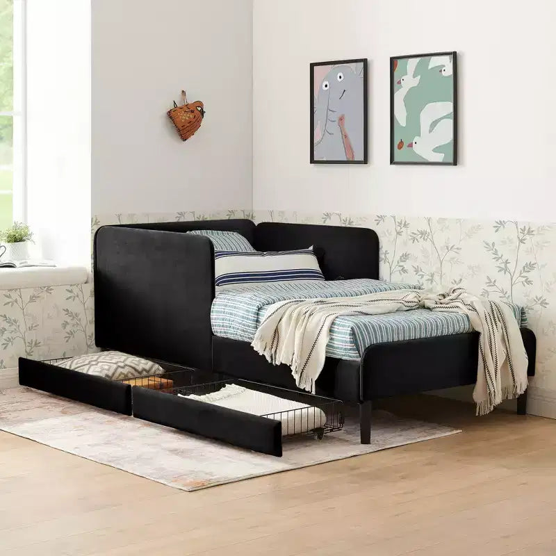 Lit de repos en velours avec cadre de lit plate-forme et 2 tiroirs, canapé-lit réglable