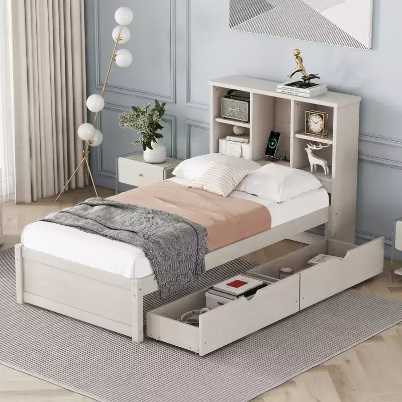 Twin Size Bed Frame with Bookcase Headboard USB Port and 2 Drawers Modern Storage Bed White Washed