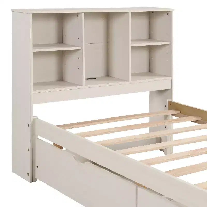 Cadre de lit avec tête de lit bibliothèque, port USB et 2 tiroirs Lit de rangement moderne