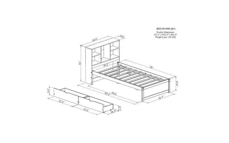 Cadre de lit avec tête de lit bibliothèque, port USB et 2 tiroirs Lit de rangement moderne