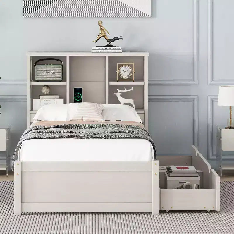 Cadre de lit avec tête de lit bibliothèque, port USB et 2 tiroirs Lit de rangement moderne