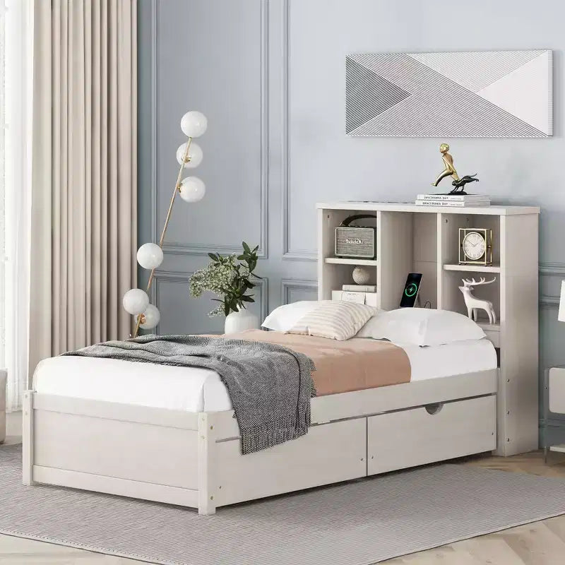 Cadre de lit avec tête de lit bibliothèque, port USB et 2 tiroirs Lit de rangement moderne