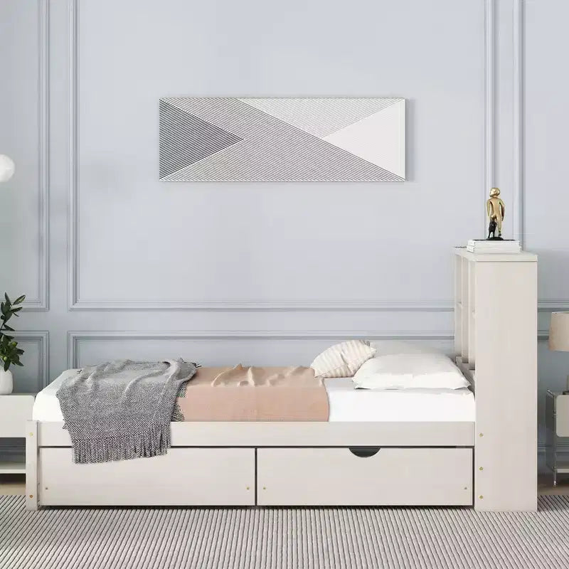 Cadre de lit avec tête de lit bibliothèque, port USB et 2 tiroirs Lit de rangement moderne