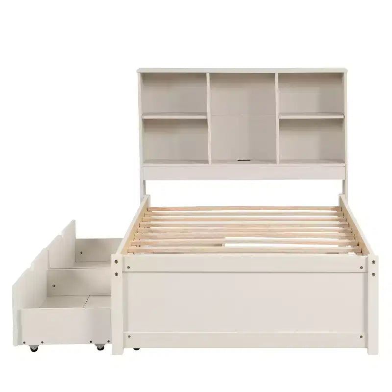 Cadre de lit avec tête de lit bibliothèque, port USB et 2 tiroirs Lit de rangement moderne