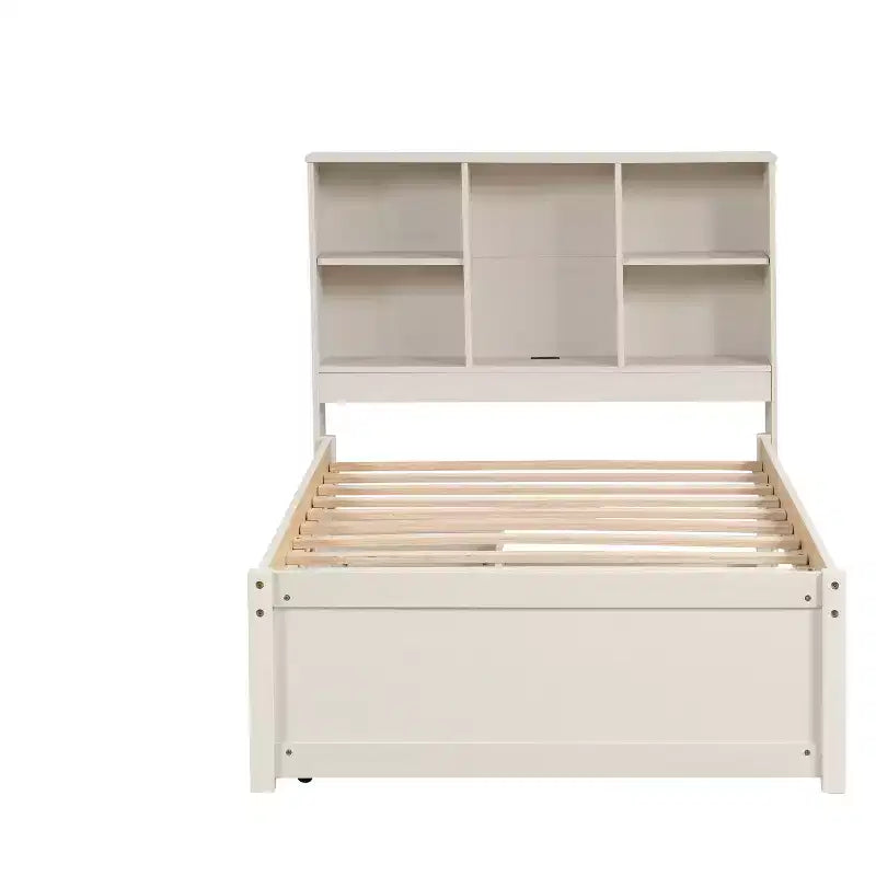 Cadre de lit avec tête de lit bibliothèque, port USB et 2 tiroirs Lit de rangement moderne