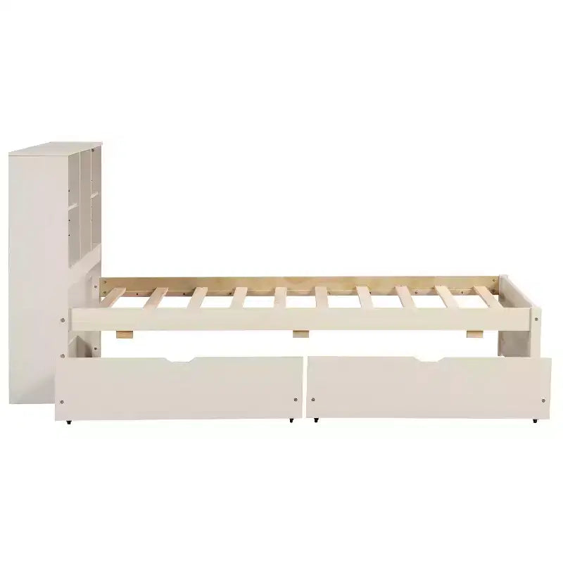 Cadre de lit avec tête de lit bibliothèque, port USB et 2 tiroirs Lit de rangement moderne