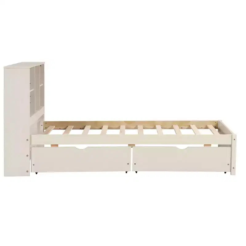 Cadre de lit avec tête de lit bibliothèque, port USB et 2 tiroirs Lit de rangement moderne