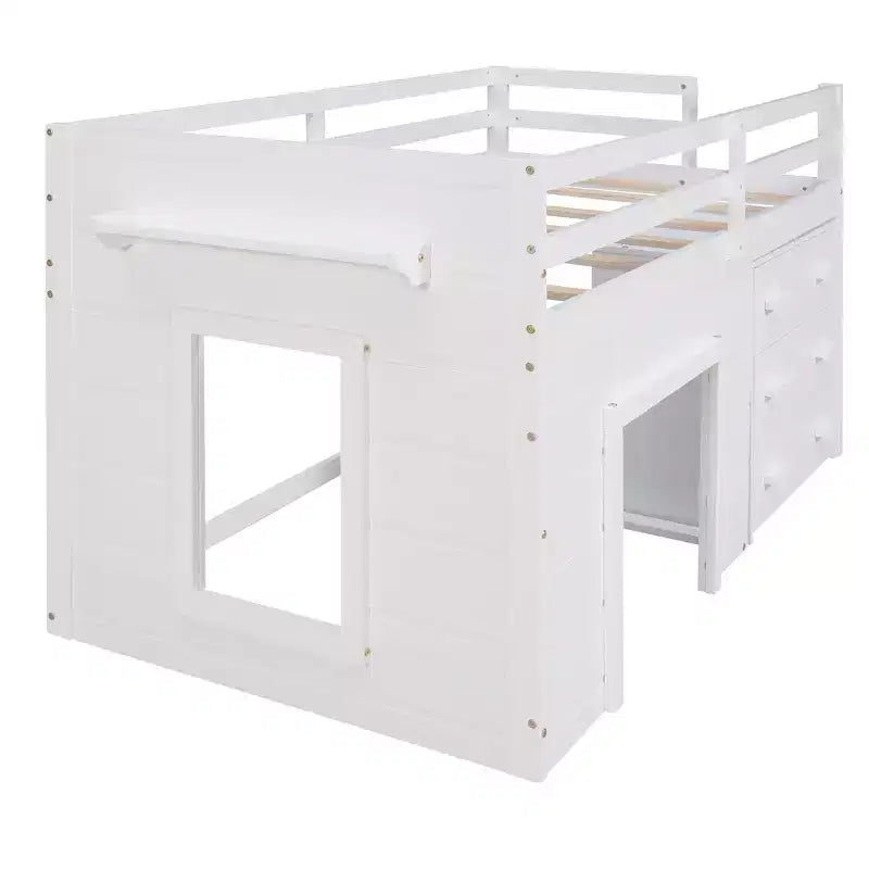 Lit mezzanine en bois, taille double, avec 3 tiroirs et une étagère