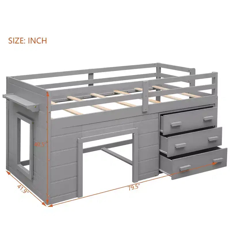 Lit mezzanine en bois, taille double, avec 3 tiroirs et une étagère