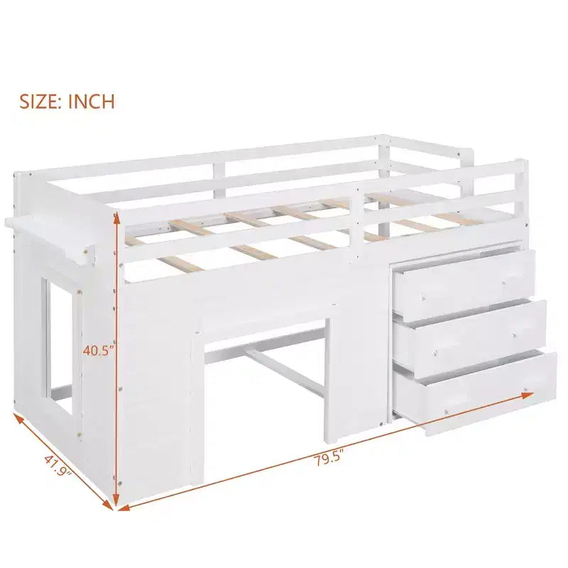 Lit mezzanine en bois, taille double, avec 3 tiroirs et une étagère