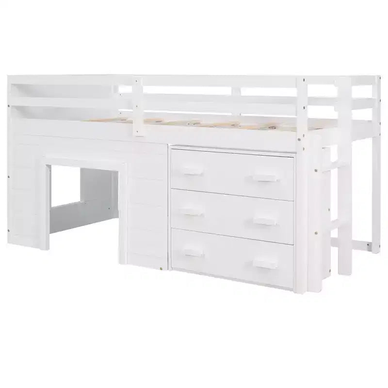 Lit mezzanine en bois, taille double, avec 3 tiroirs et une étagère