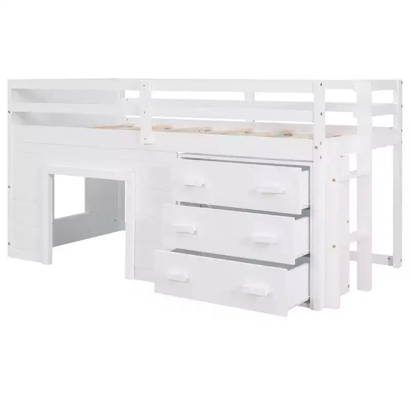 Lit mezzanine en bois, taille double, avec 3 tiroirs et une étagère