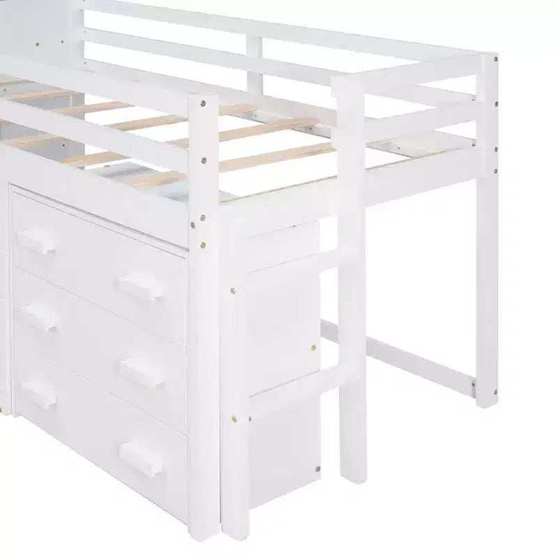 Lit mezzanine en bois, taille double, avec 3 tiroirs et une étagère