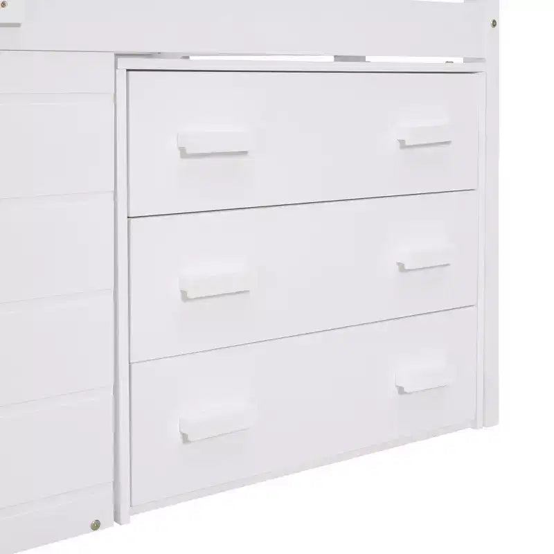 Lit mezzanine en bois, taille double, avec 3 tiroirs et une étagère