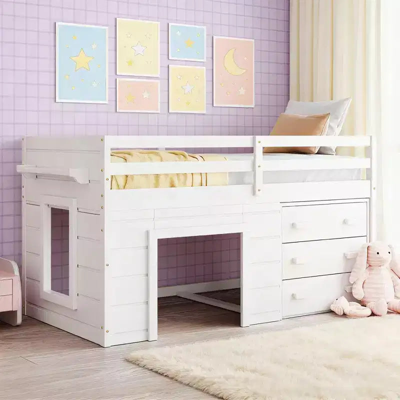 Lit mezzanine en bois, taille double, avec 3 tiroirs et une étagère