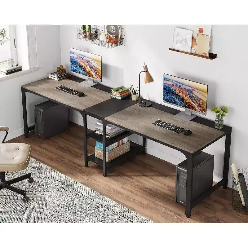 Bureau double avec étagère de rangement Gris/Noir