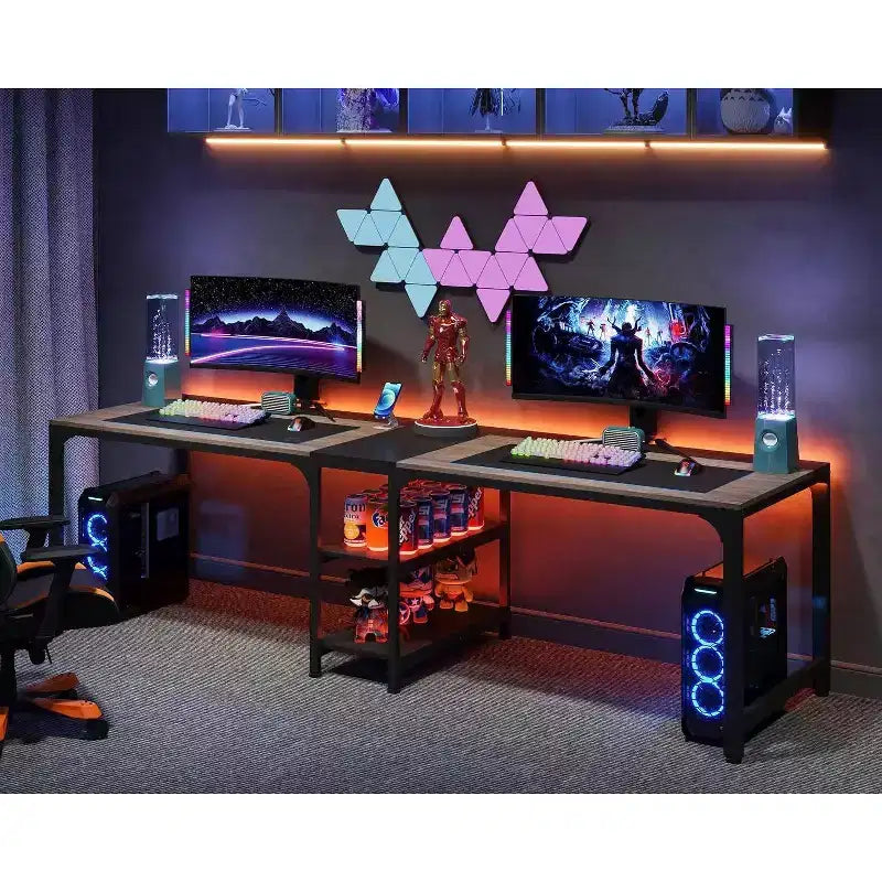 Bureau double avec étagère de rangement Gris/Noir