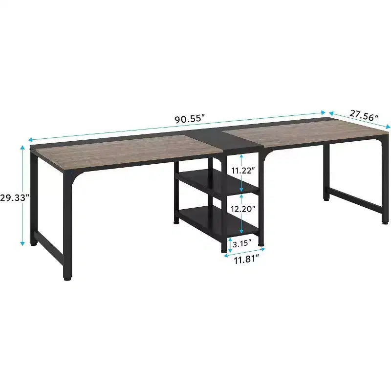 Bureau double avec étagère de rangement Gris/Noir