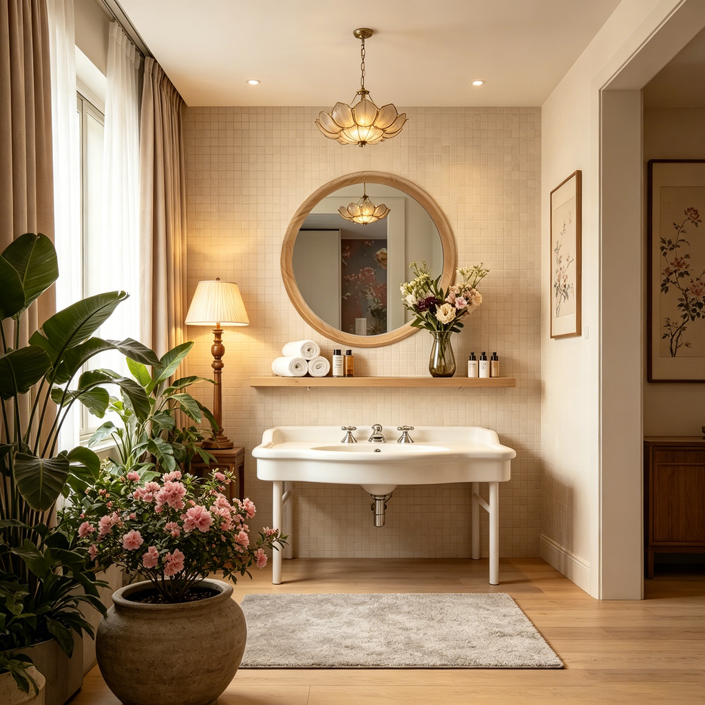Miroir mural décoratif rond en bois blanc vieilli avec garniture perlée