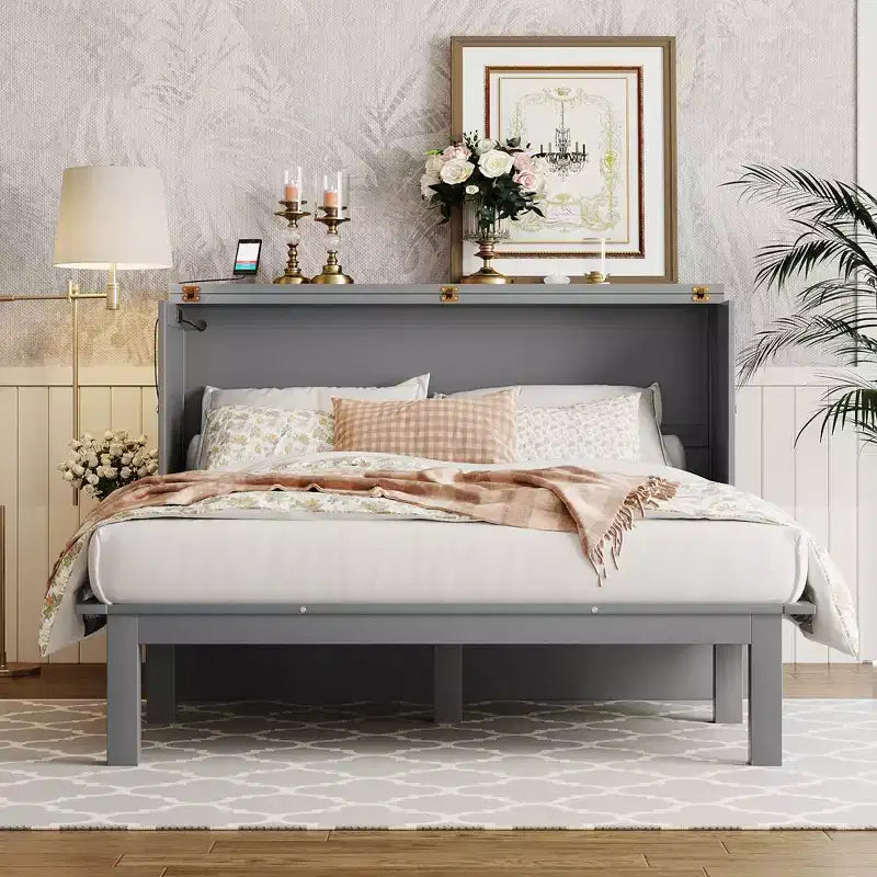 Lit avec Port USB et Étagères Amovibles de Chaque Côté Blanc/Gris