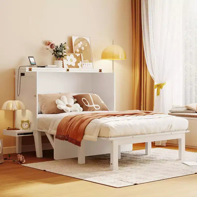 Full/Queen Size Murphy Bed with USB Port and Removable Shelves on Each Side White/Gray 4A -ModernLuxe