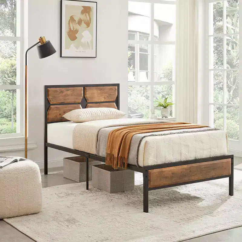 Cadre de lit avec tête de lit en bois, lit plateforme robuste