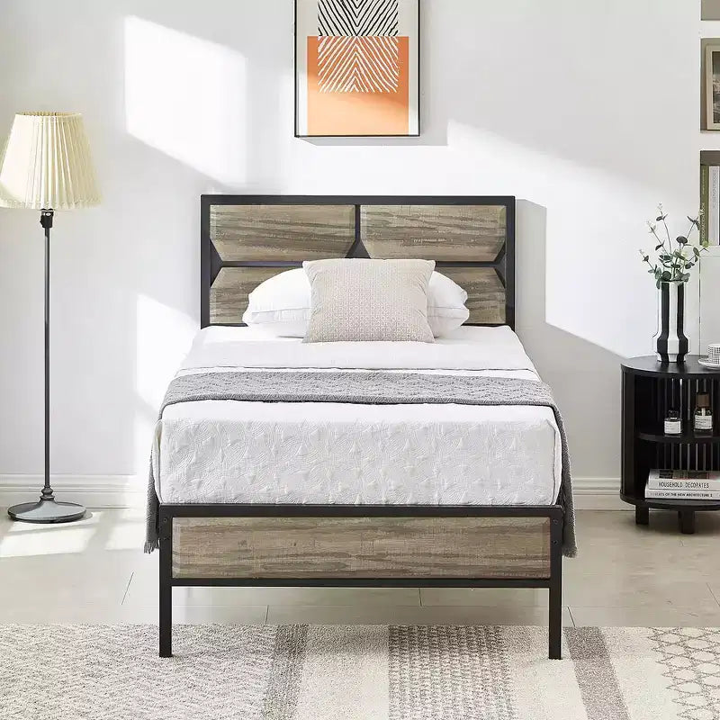 Cadre de lit avec tête de lit en bois, lit plateforme robuste
