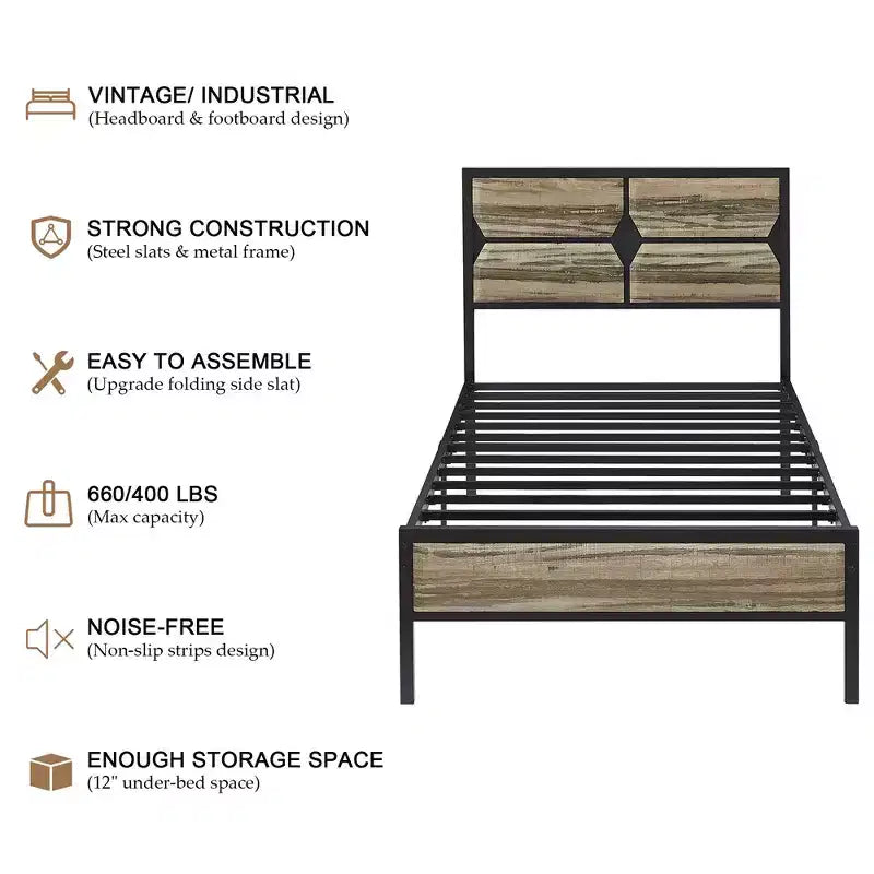 Cadre de lit avec tête de lit en bois, lit plateforme robuste