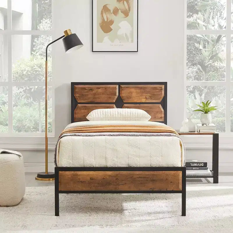 Cadre de lit avec tête de lit en bois, lit plateforme robuste