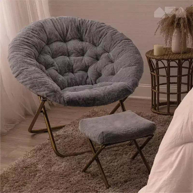 Fauteuil soucoupe extra-large douillet en fausse fourrure avec repose-pieds