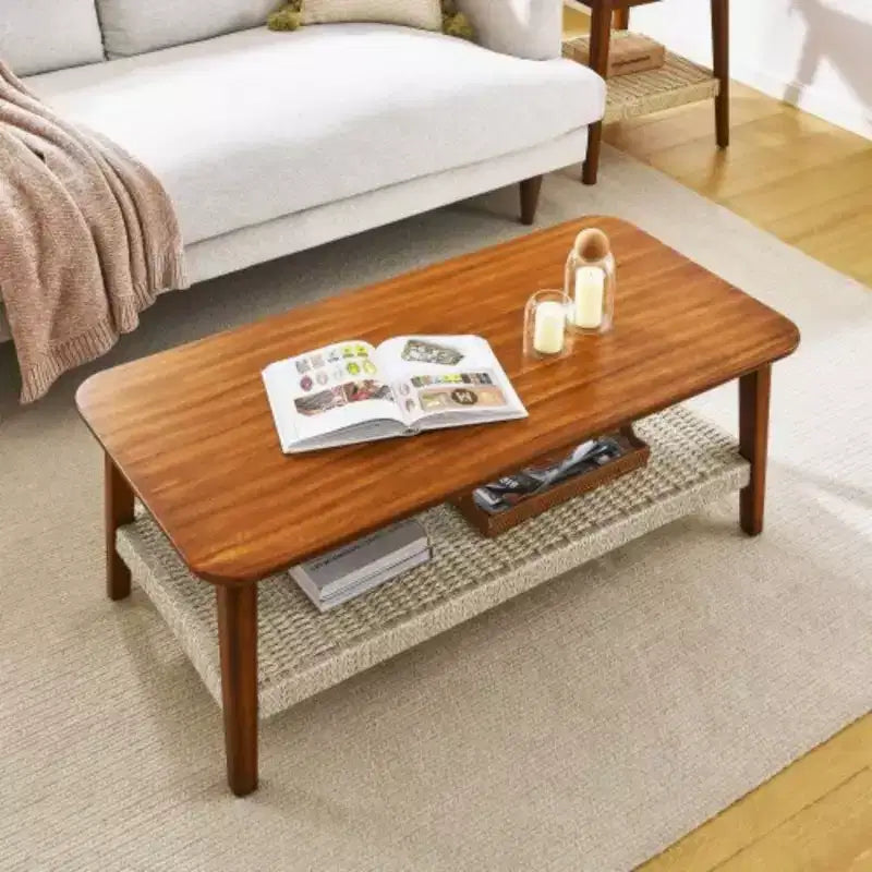 Mid-Century Coffee Table With Woven Shelf Bohemian Rattan Coffee Table With Storage Farmhouse Wooden Low Rectangular End Table For Living Room